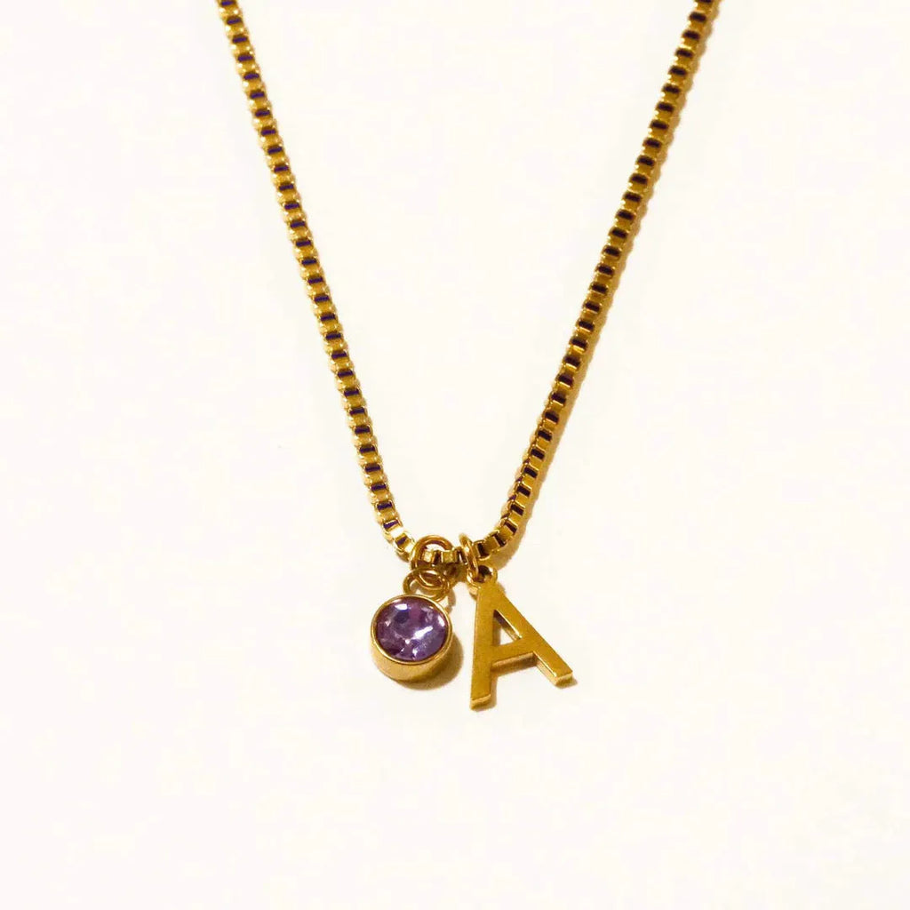 Gold coloured titanium steel birthstone initial pendant necklace with O-ring chain on white background