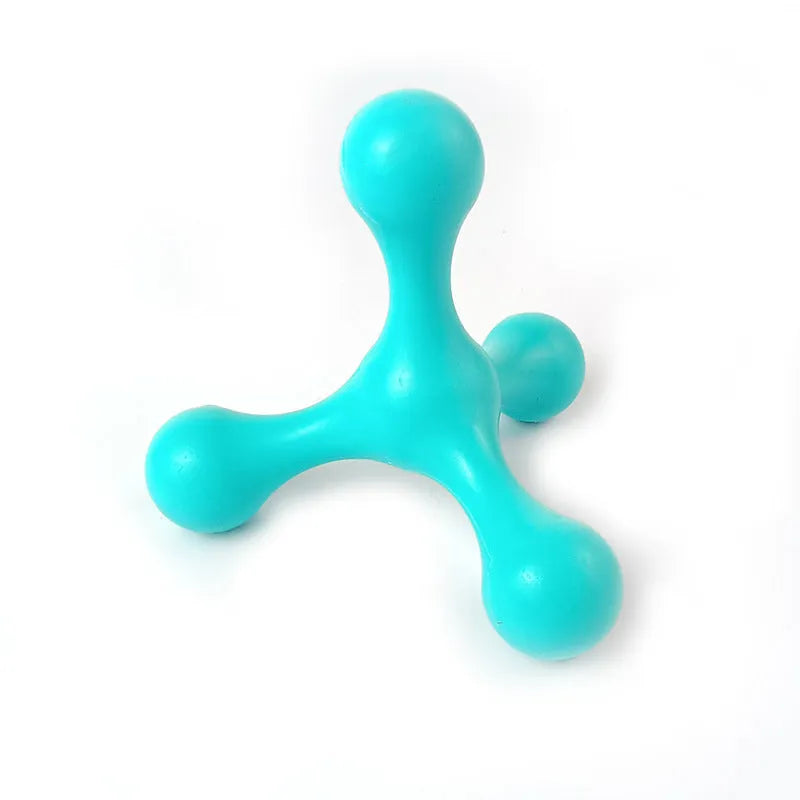 Blue silicone three-legged chew toy for puppy teething relief and dental cleaning