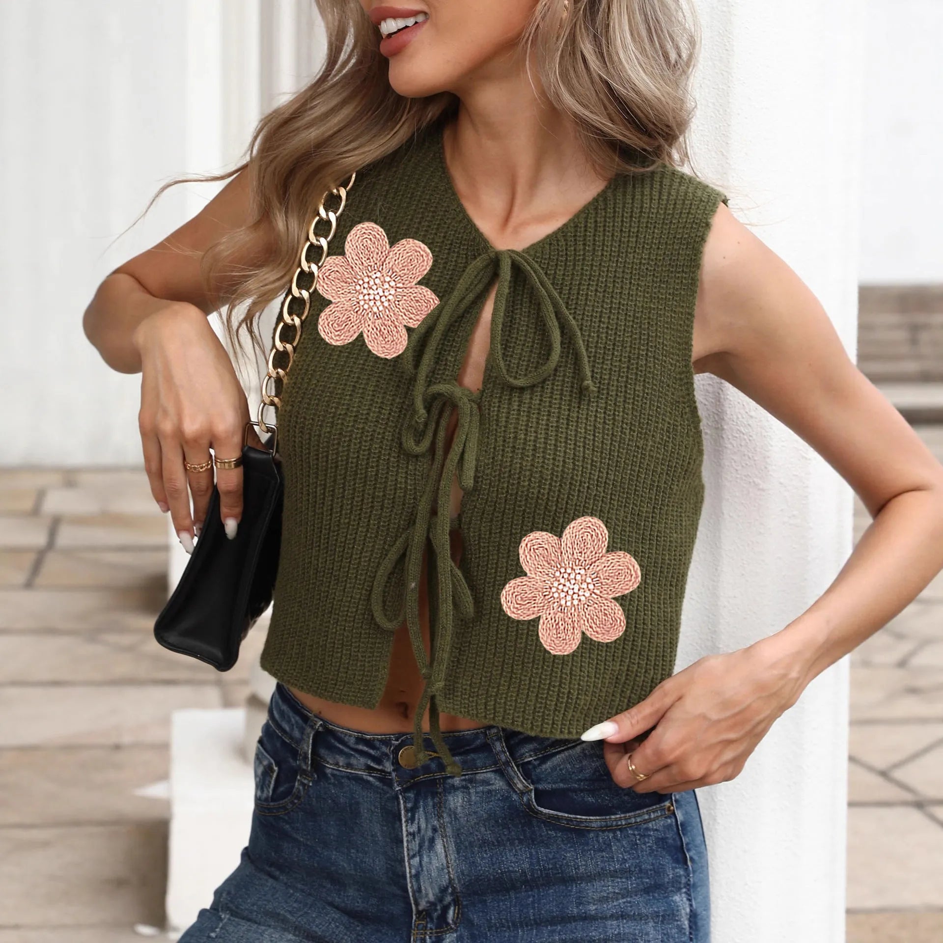 Ladies sleeveless cardigan vest with lace-up bow front in deer plush polyester fabric, short 40cm length