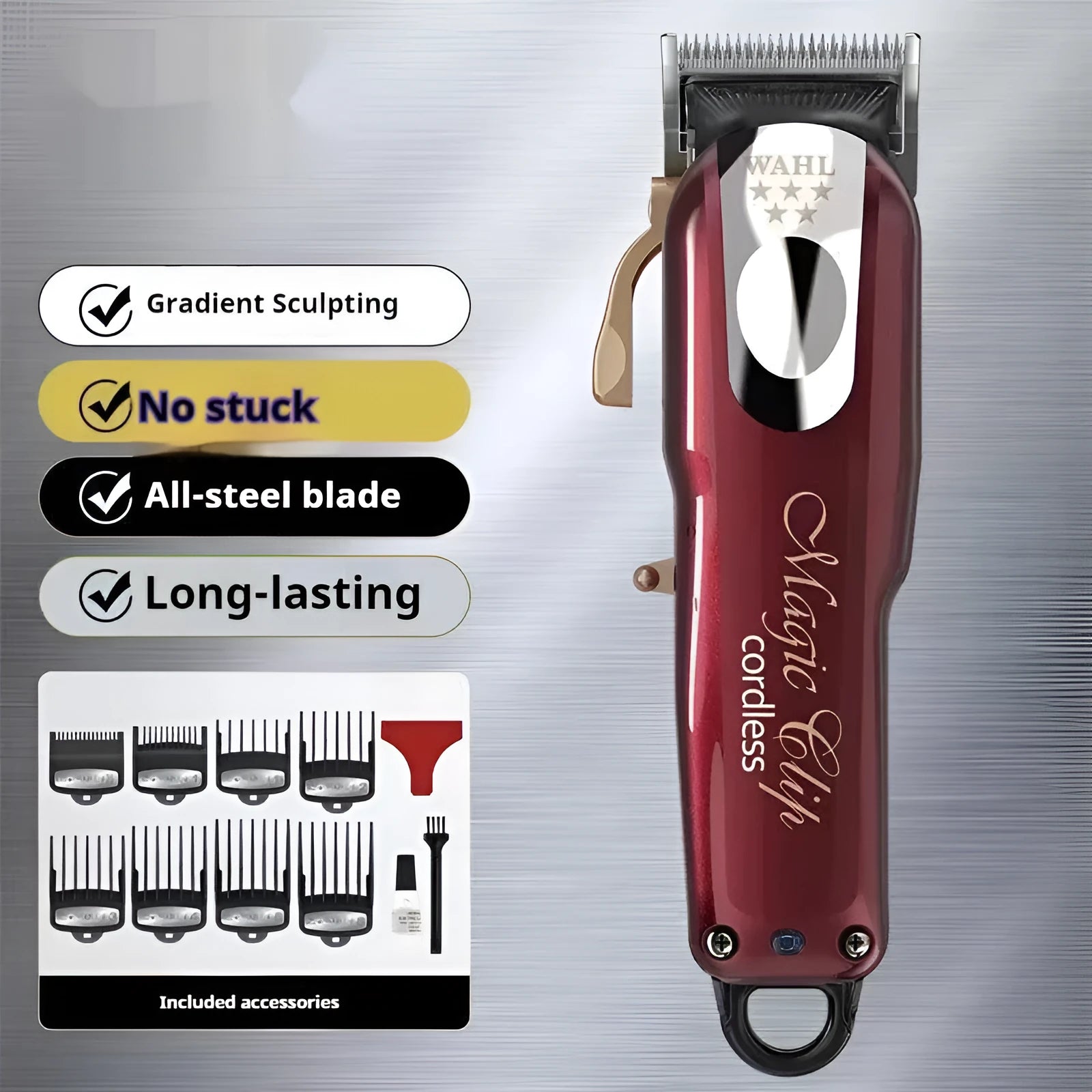 Cordless charging hair clipper with stainless steel blade and EU UK US plug adaptors