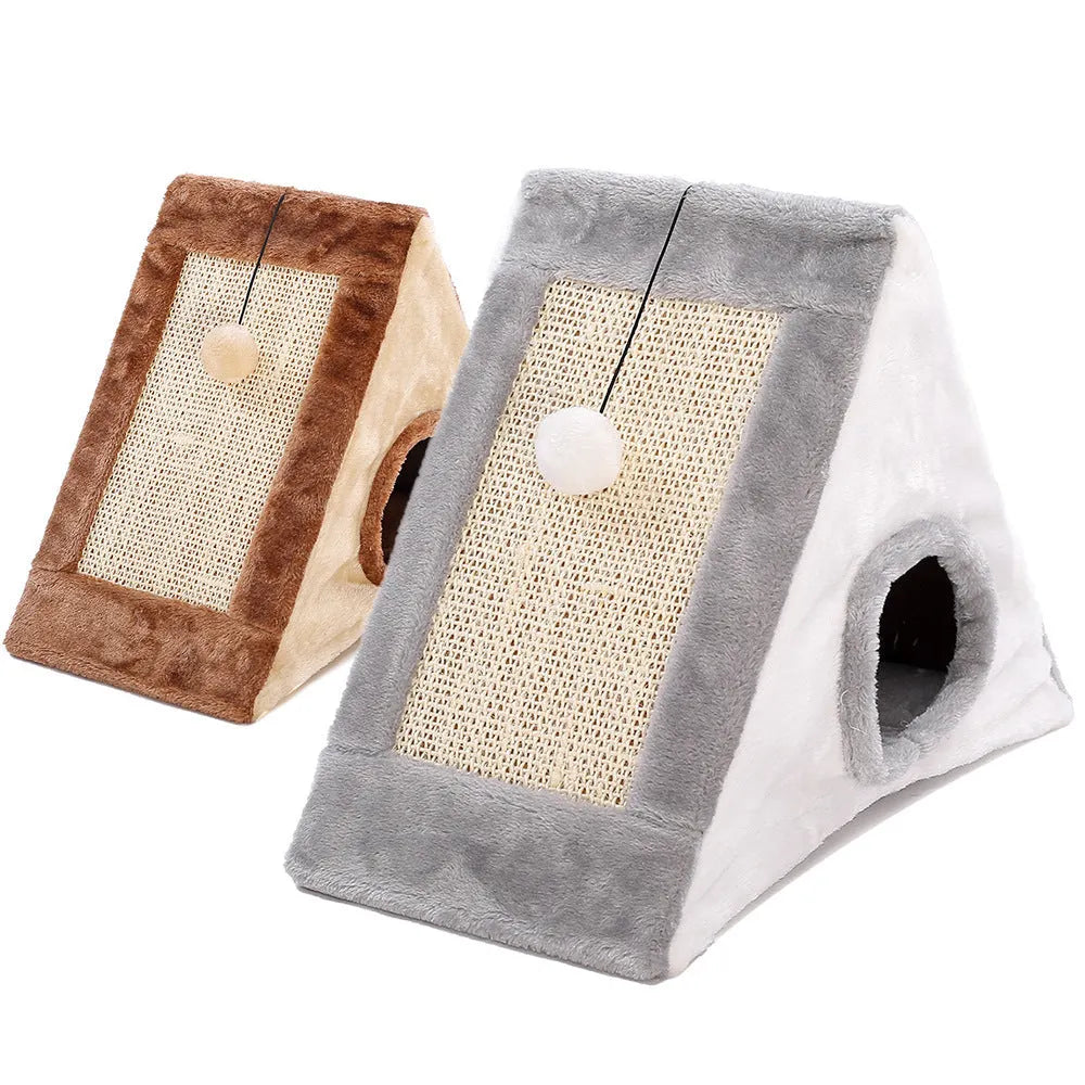 A grey and white triangular cat toy with a sisal scratching side and a soft plush bed.