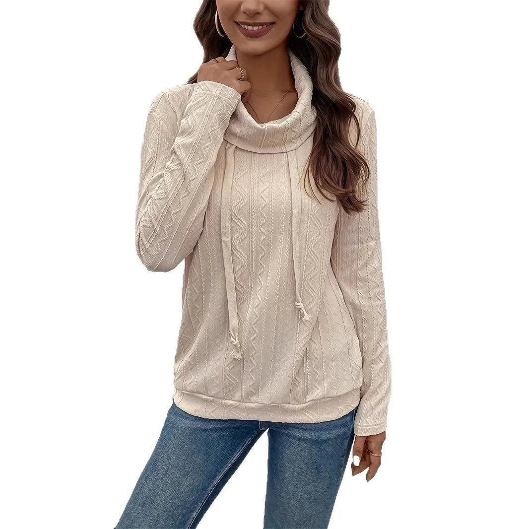 Apricot coloured long sleeve hooded pullover sweater with drawstring closure