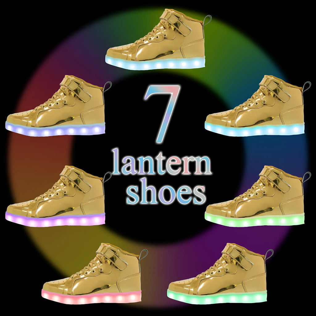Pair of black high-top sneakers with illuminated LED lights and Velcro strap.