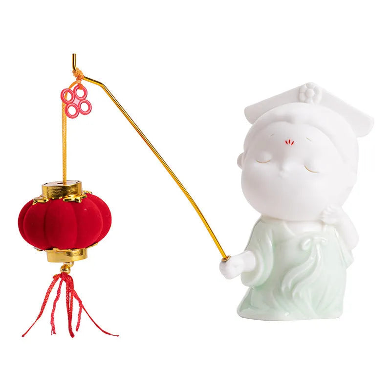 Small ceramic female court attendant figure incense burner decoration in cute style
