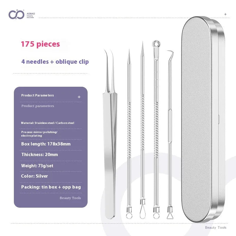 Four silver metal acne needles with pointed tips for skincare extraction.