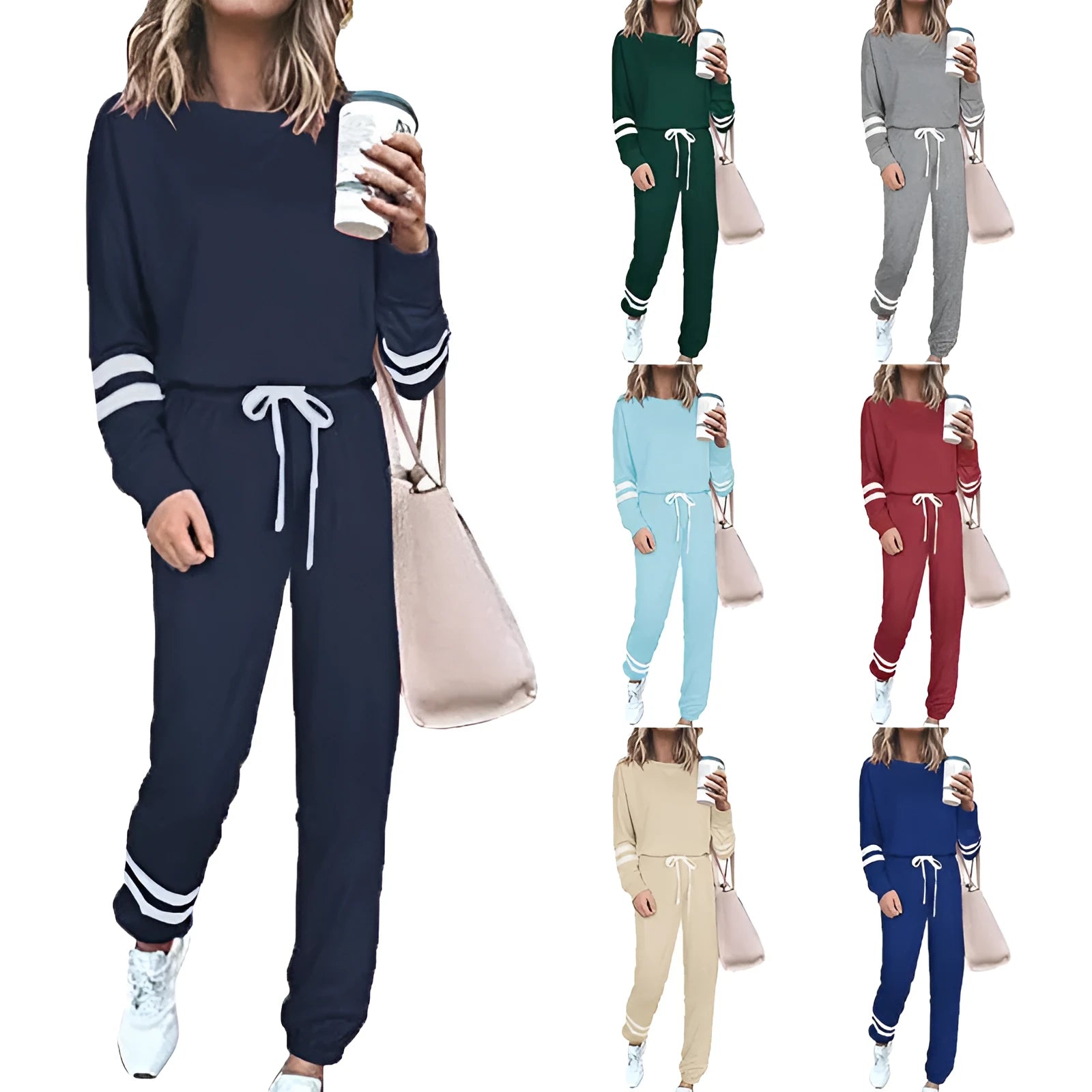 Women's plus size casual suit set in loose-fitting design with half-sleeve top and solid colour trousers