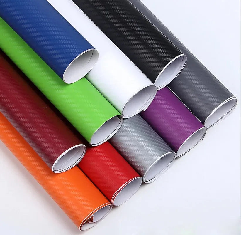 Carbon fibre car sticker roll showing textured pattern in multiple colour options