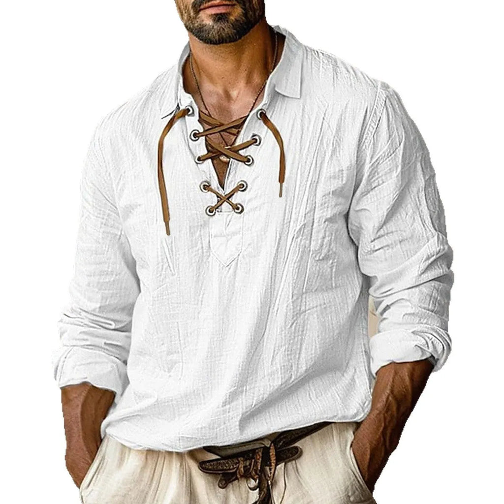 Men's plus size loose linen shirt with lapels and lace detailing on long sleeves.