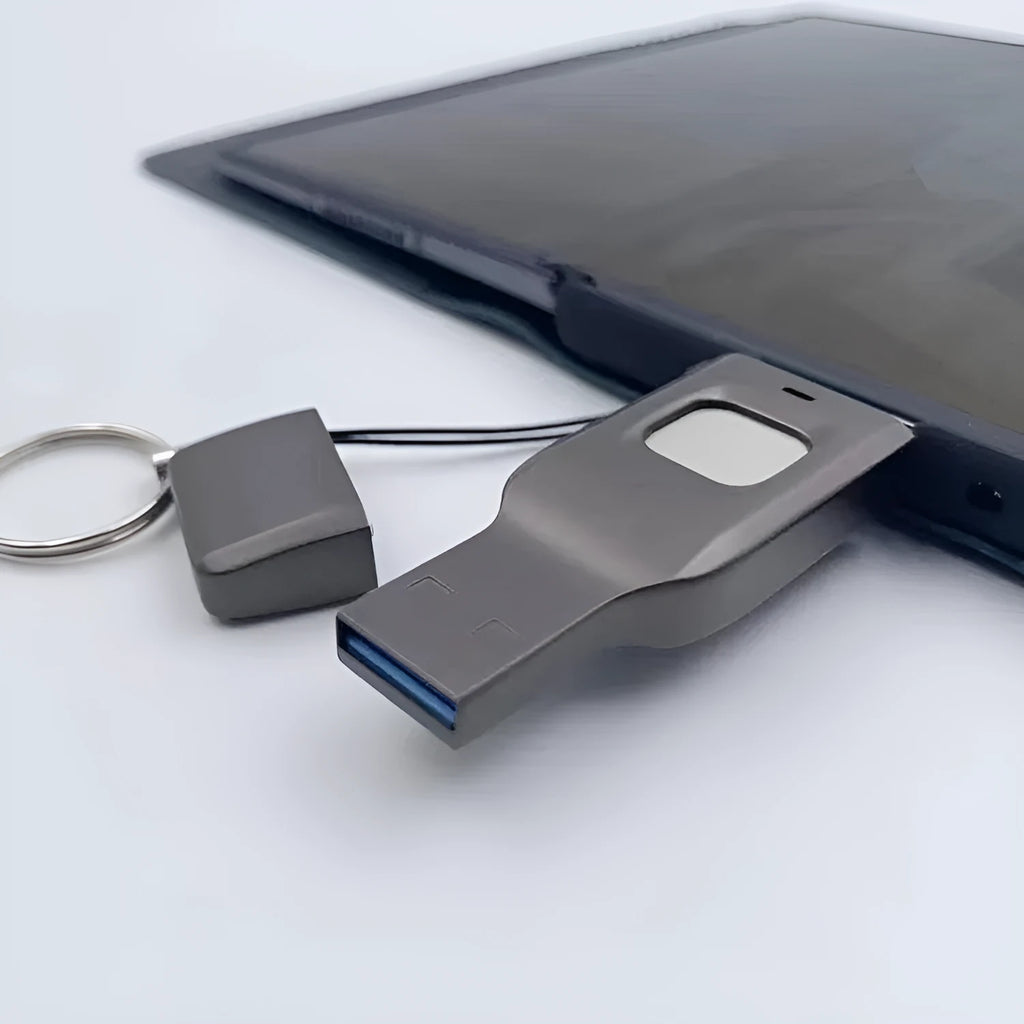 Black fingerprint USB flash drive showing USB 3.0 and Type-C connectors