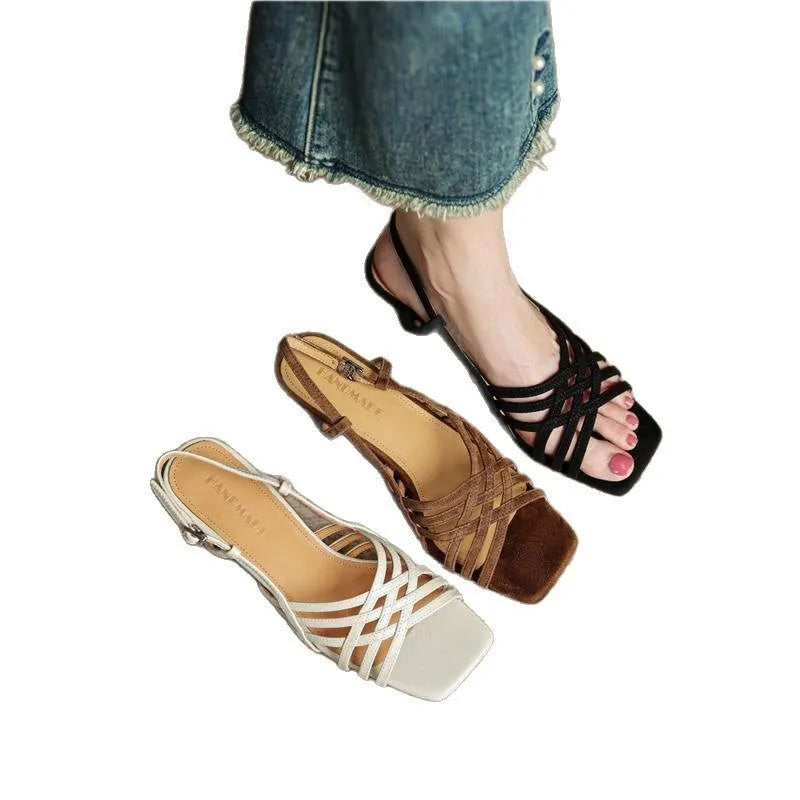 Retro women's sandals with thin cross straps, square toe and ankle buckle in light brown