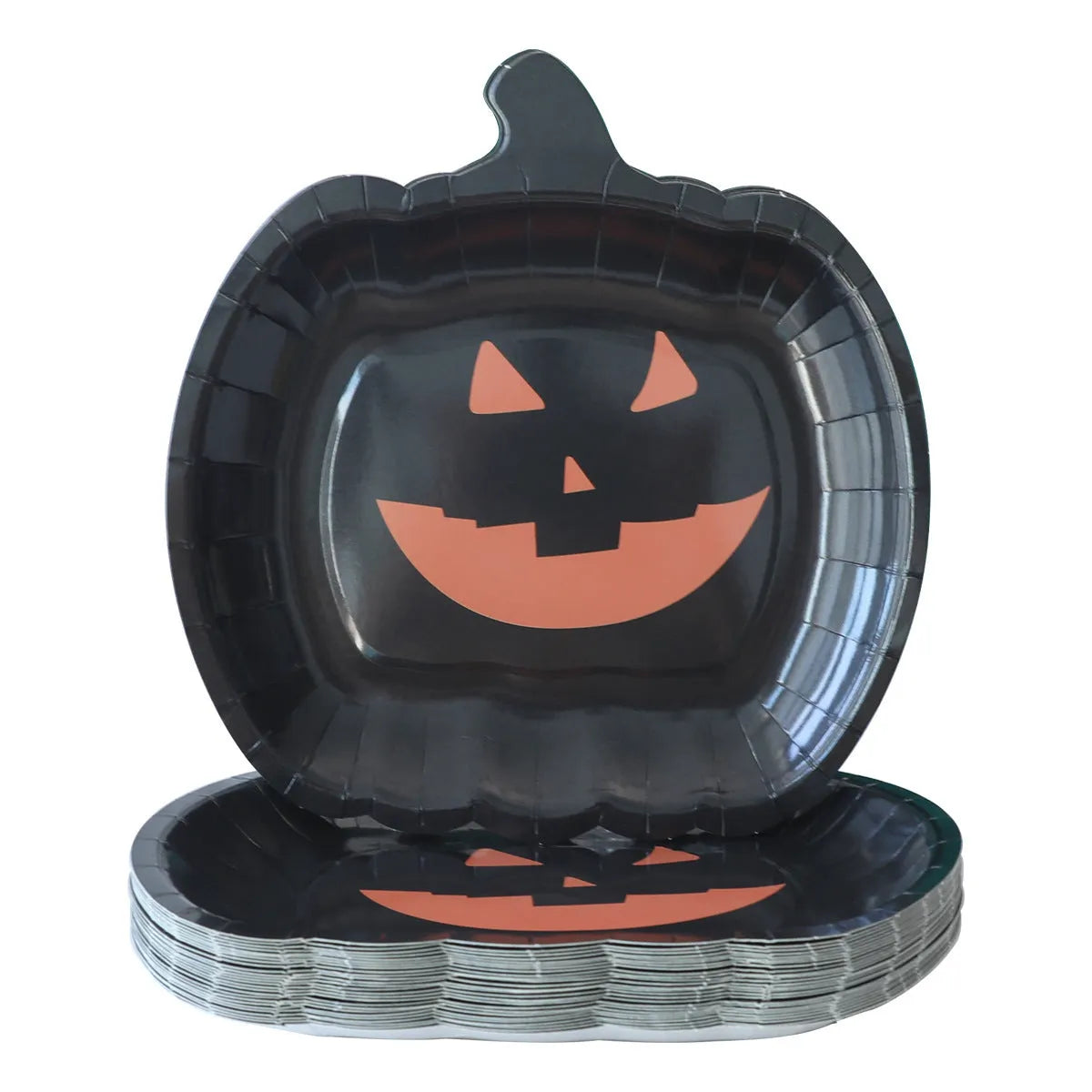 Black pumpkin-shaped disposable paper plates in 9-inch size for Halloween parties