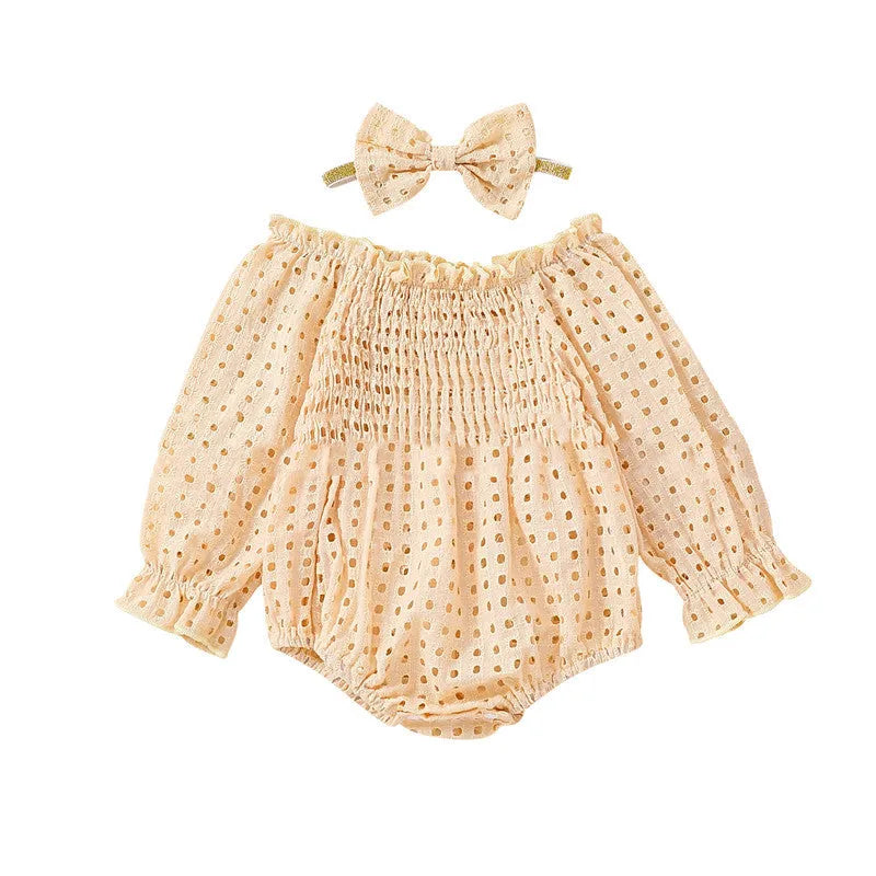 baby girl cotton mesh smocking long sleeve off shoulder two piece set apricot white 60-90cm