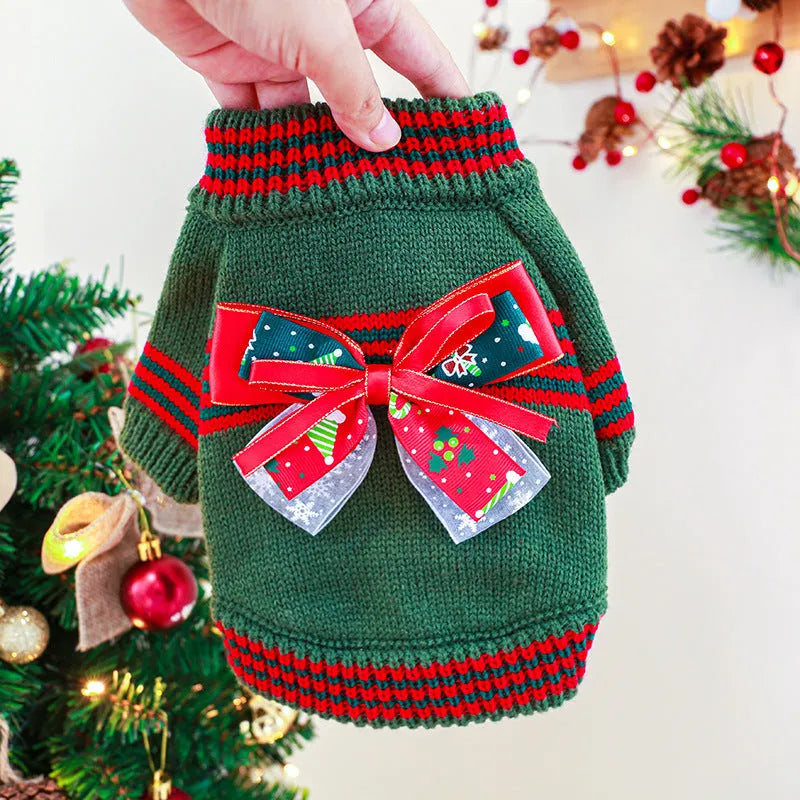 Red and green Christmas dog sweater for small pets with five size options from XS to XL