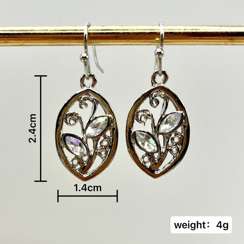Silver colour leaf-shaped women's earrings with embedded colourful moonstones