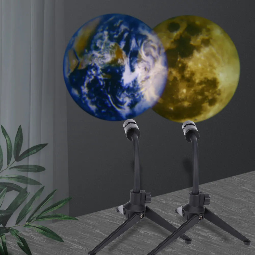 Earth and Moon projection lamp with adjustable hose bracket showing celestial projection effects