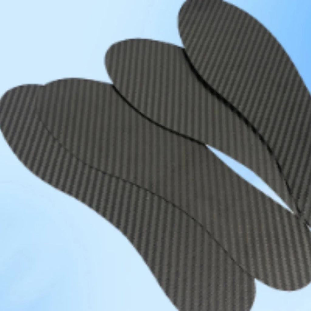 Black 3K carbon fibre running insoles shown in three thickness options: 0.8mm, 1.0mm, and 1.2mm.