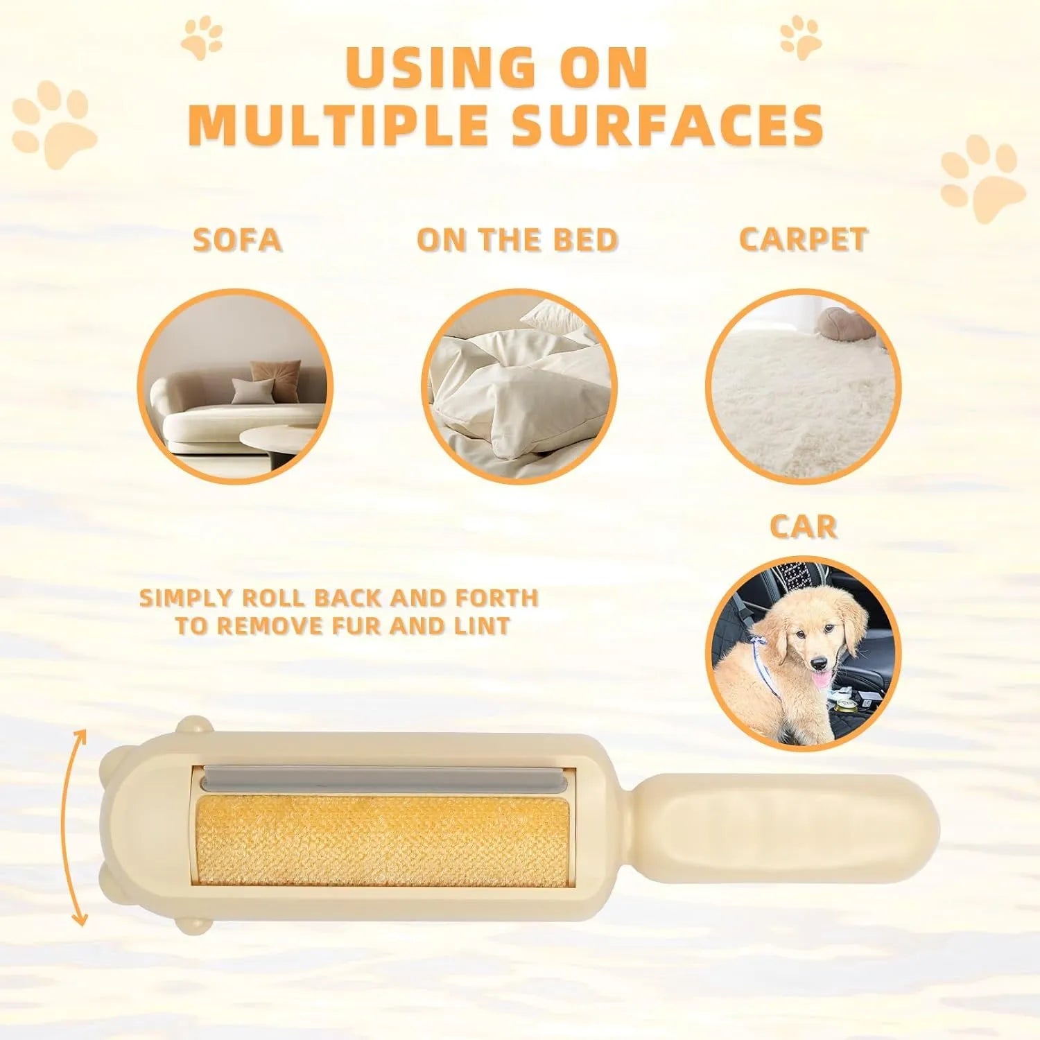 Blue reusable pet hair remover roller for furniture and car seats on a grey sofa