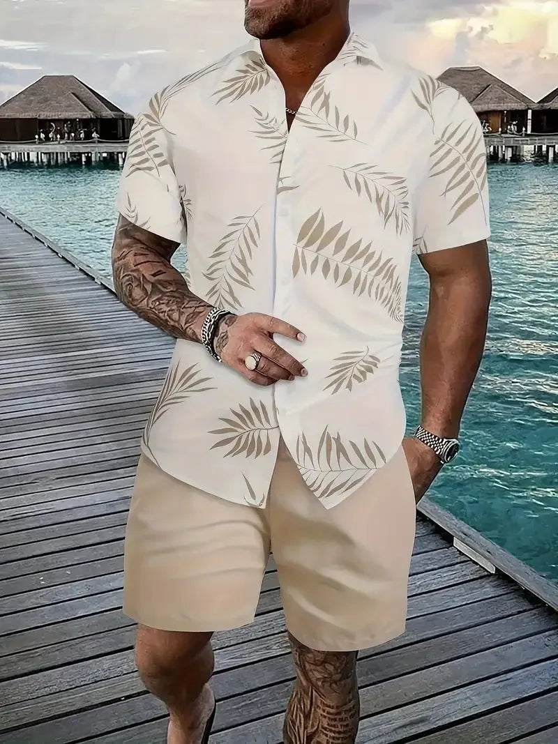 Men's 3D printed Hawaii-style short sleeve top and matching shorts casual summer suit