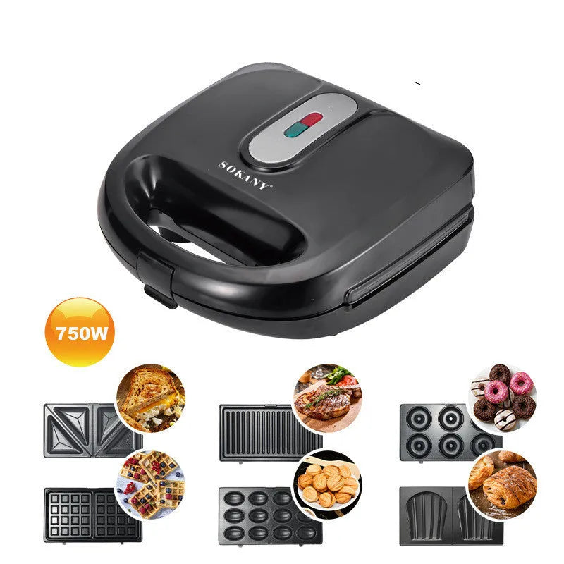 Black electric sandwich pan with double-sided heating, brushed stainless steel cover, and non-stick cooking surface