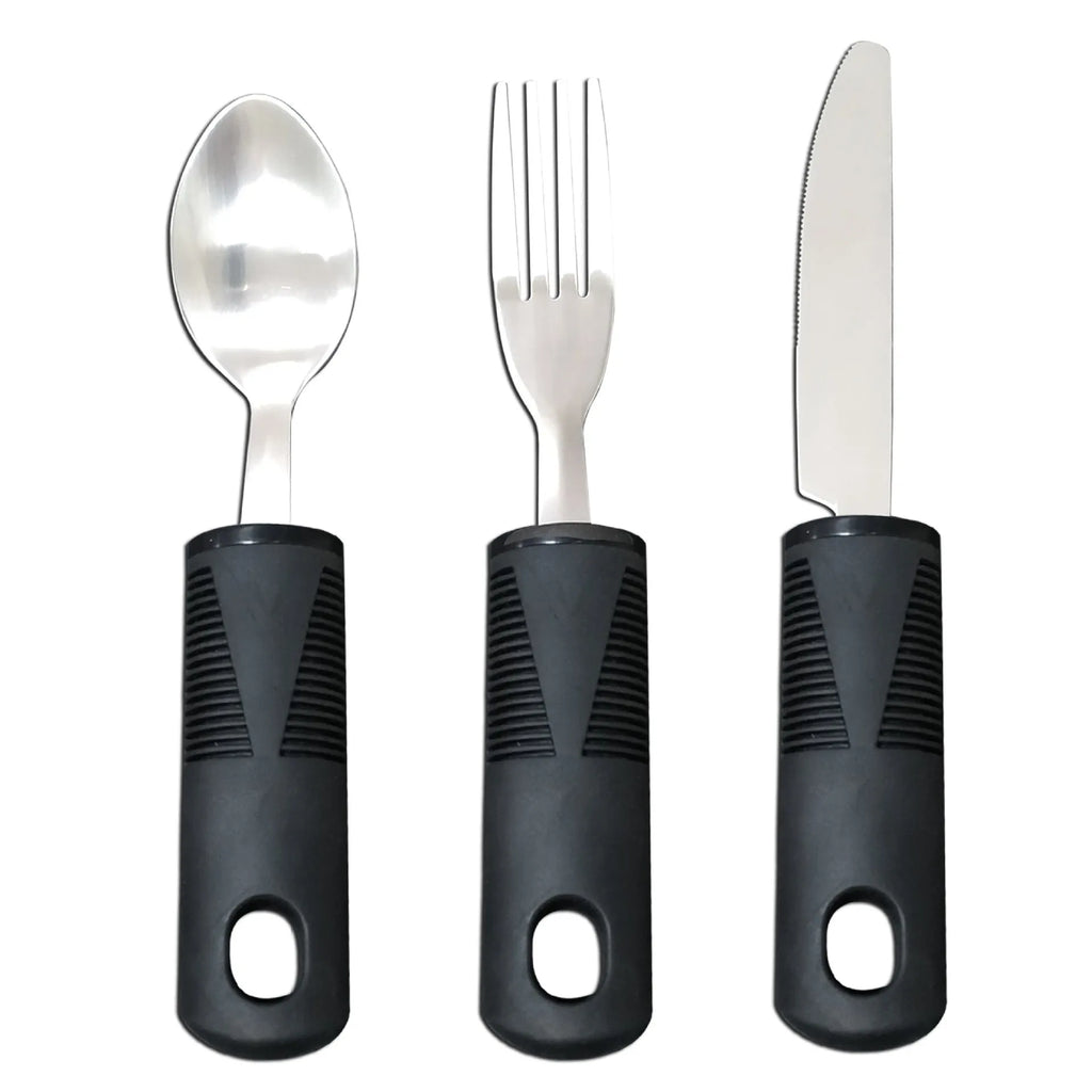 Stainless steel anti-shake cutlery set with curved rubber handles for elderly adult rehabilitation use