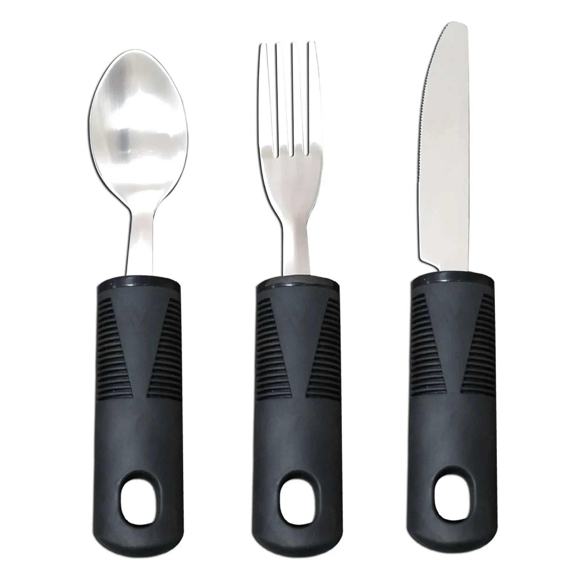 Stainless steel anti-shake cutlery set with curved rubber handles for elderly adult rehabilitation use