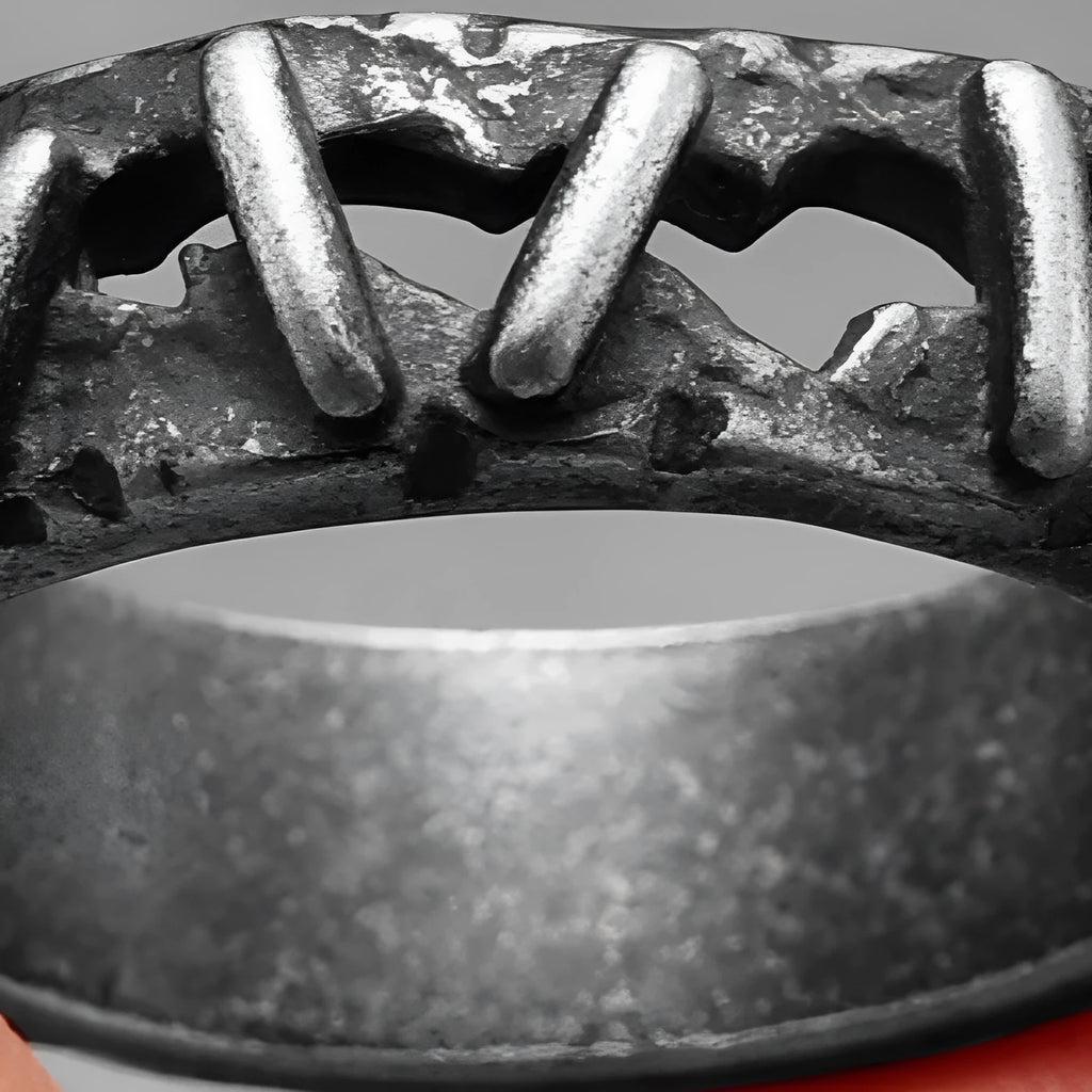 Stainless steel punk double ring with a dark stitching design on a plain background.