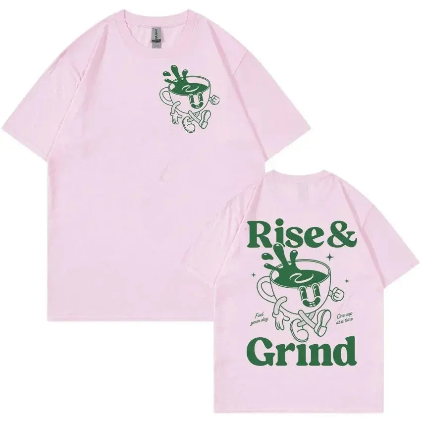 Loose fit linen t-shirt with Rise and Grind cartoon graphic print in multiple colours