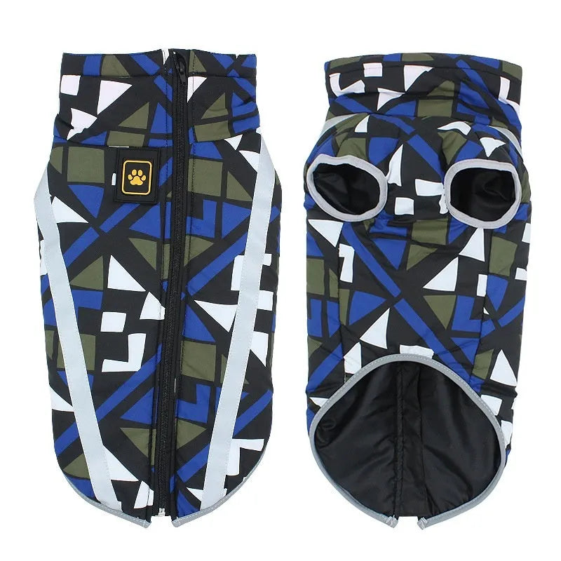 Dog wearing reflective winter jacket with geometric pattern design