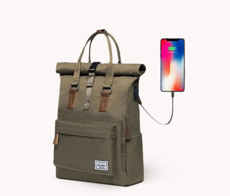 Polyester casual backpack showing internal computer pocket and cover opening mechanism