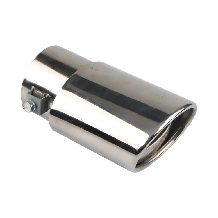 Stainless steel universal car exhaust tailpipe showing straight and curved shape options in different finishes.