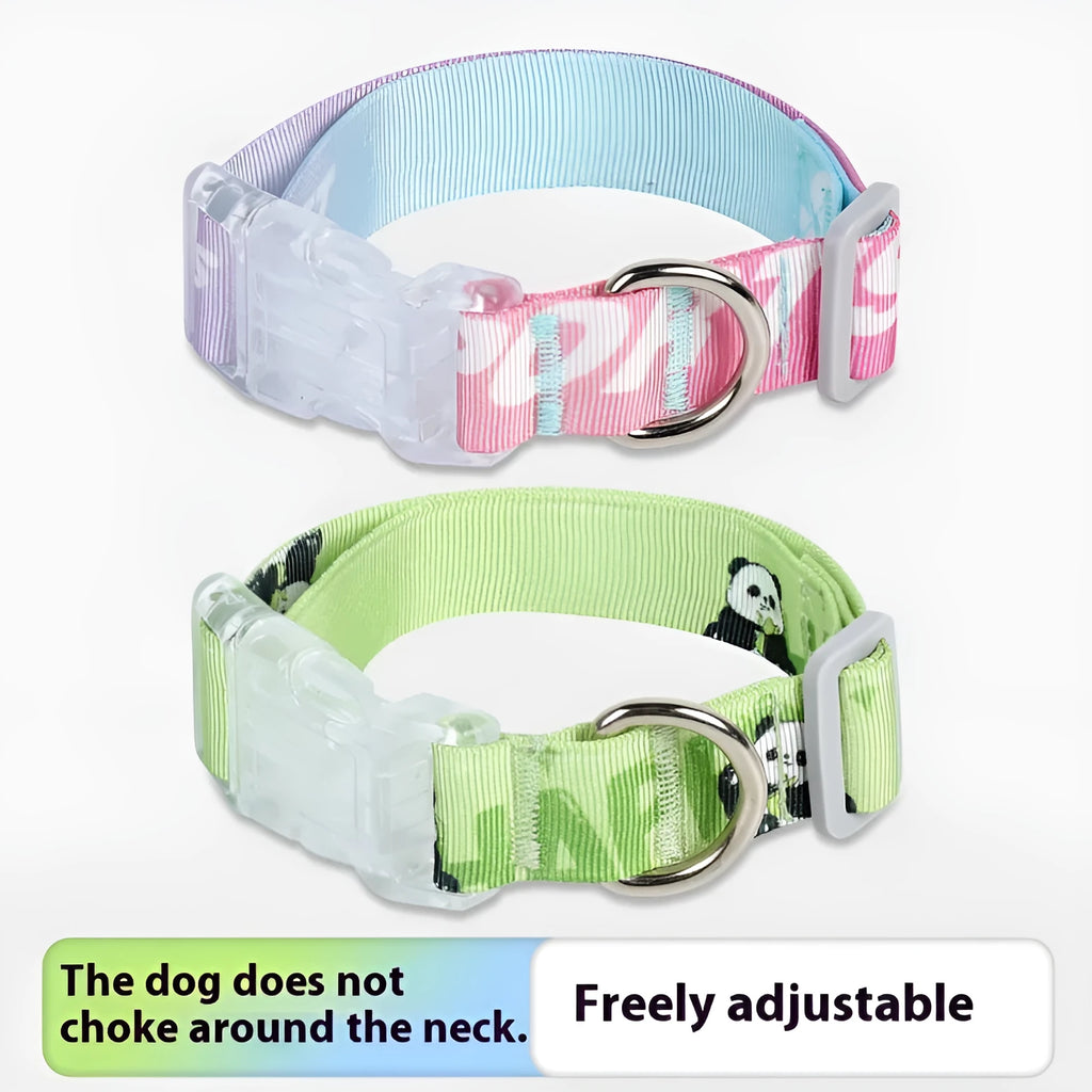 Nylon dog collar with cartoon gradient pattern showing adjustable sizing and panda green colour option