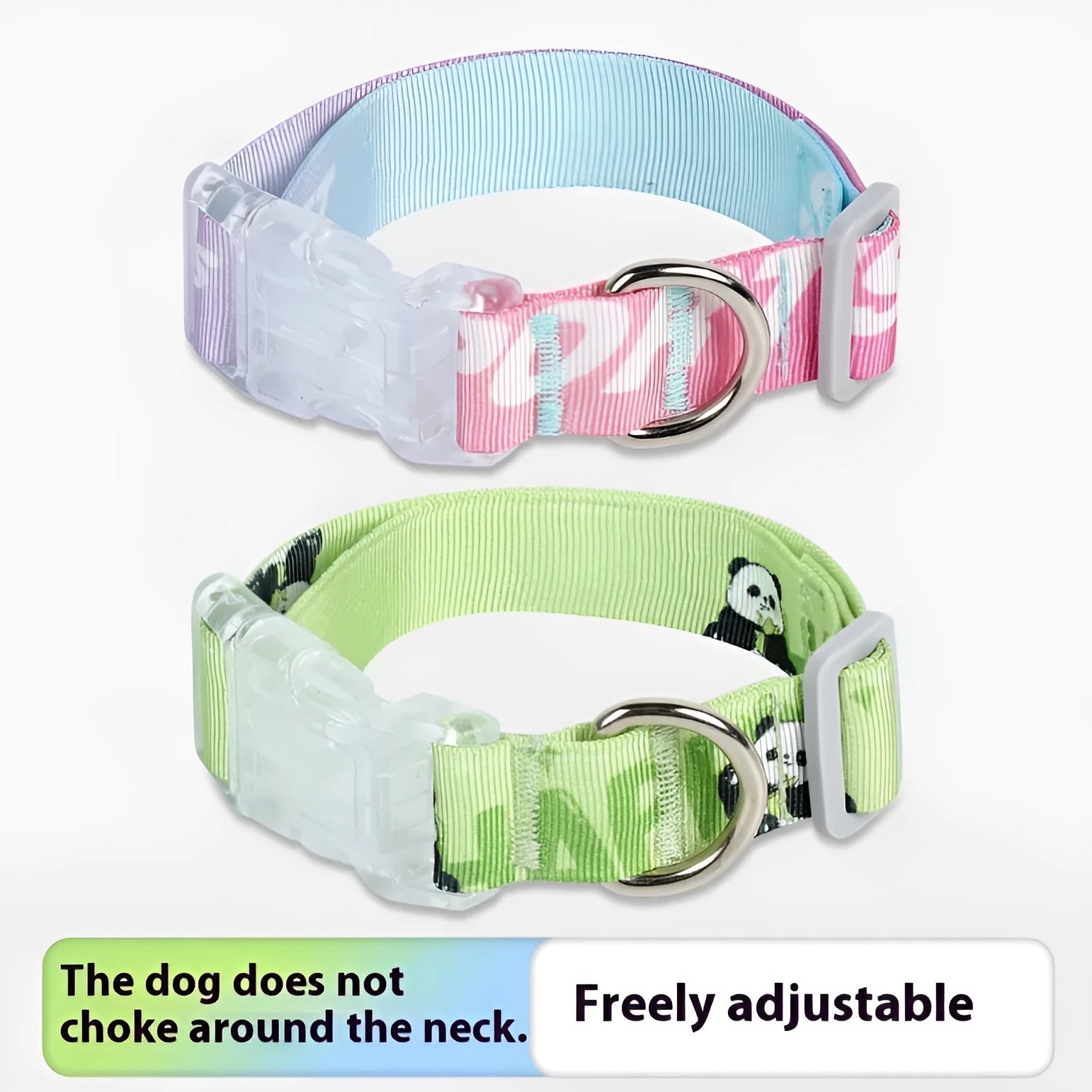 Nylon dog collar with cartoon gradient pattern showing adjustable sizing and panda green colour option