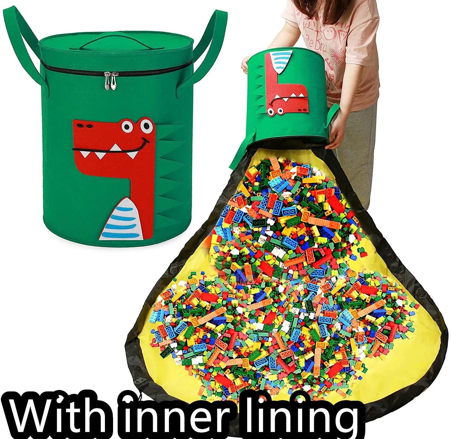 Green felt cube storage bag with a pull rope, laid flat as a play mat.