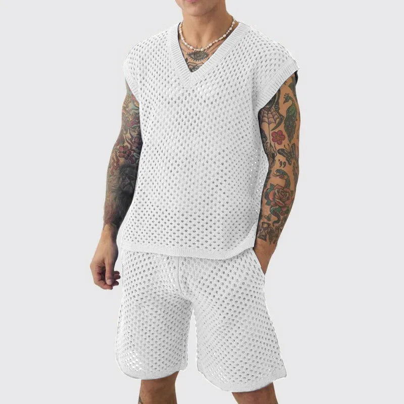 Men's blue V-neck vest and matching shorts summer sports suit