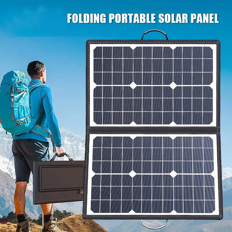 Black 40W monocrystalline solar folding bag panel shown folded to its compact size.