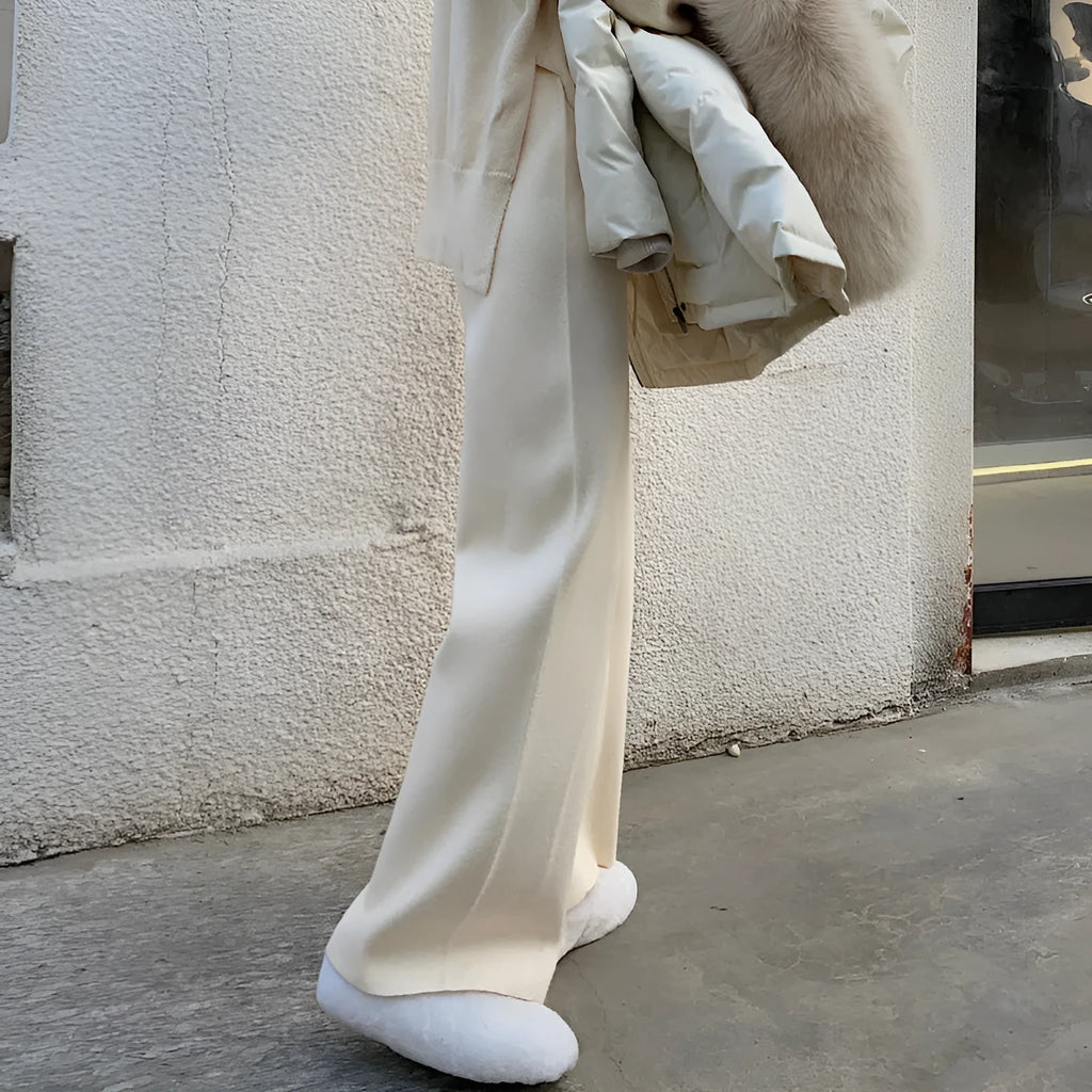 Women's cream white knitted wide-leg trousers with high waist for autumn winter wear