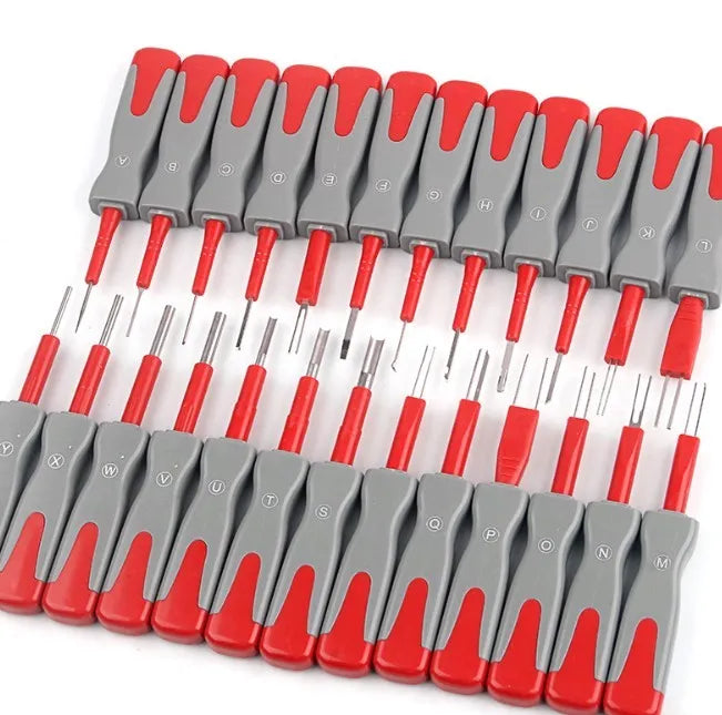 25-piece car terminal harness removal tool set with removal needles and pull-out keys in organiser tray