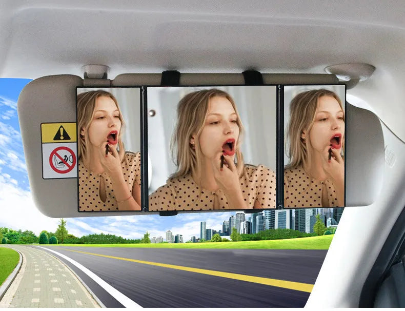 Silver car folding makeup mirror shown open at 30.5x14cm and folded at 15.5x14cm