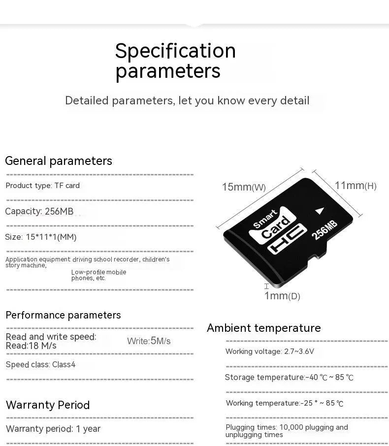 256MB TF memory card on white background, showing compact 11mm by 15mm size.