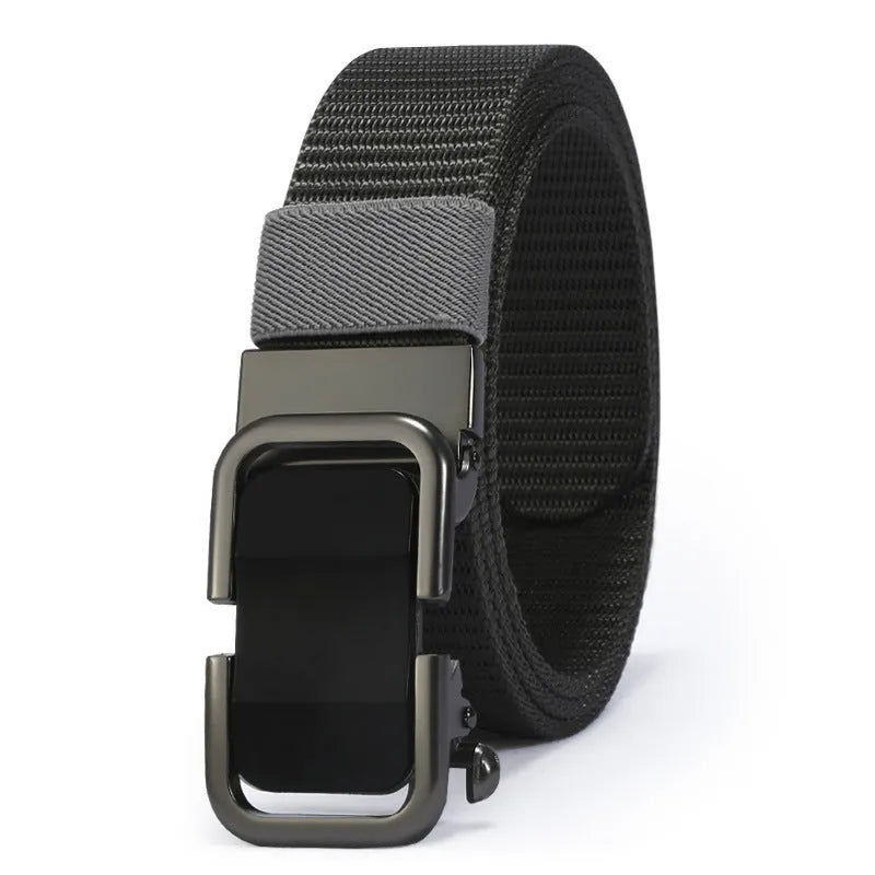 Men's nylon canvas belt in army green with an alloy buckle, laid flat showing 120cm length.