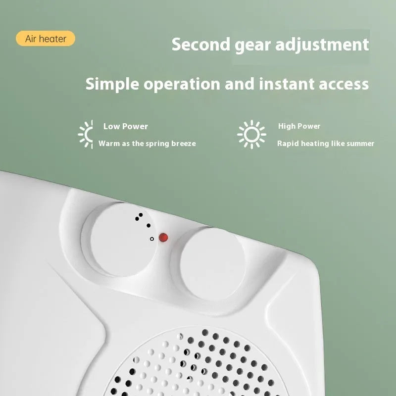 White compact electric heater on desktop with power adjustment controls