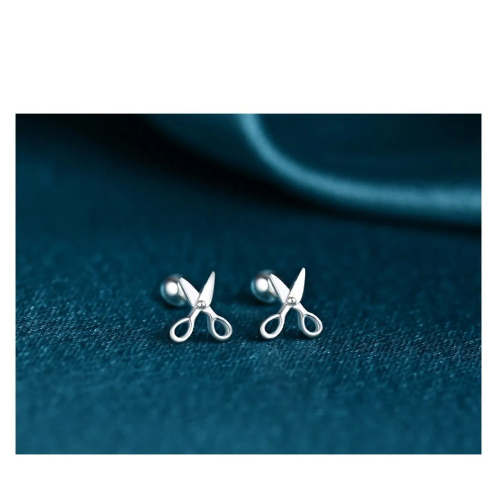 Silver screw-back ear nails with small scissors design for women's ear piercings