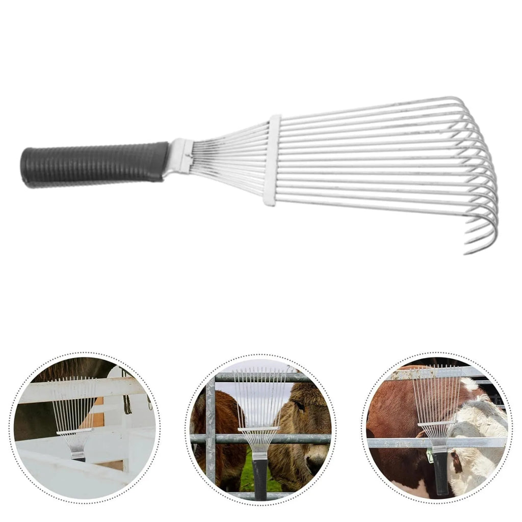 Black stainless steel dematting brush rake comb for pet and horse grooming, 33cm long.