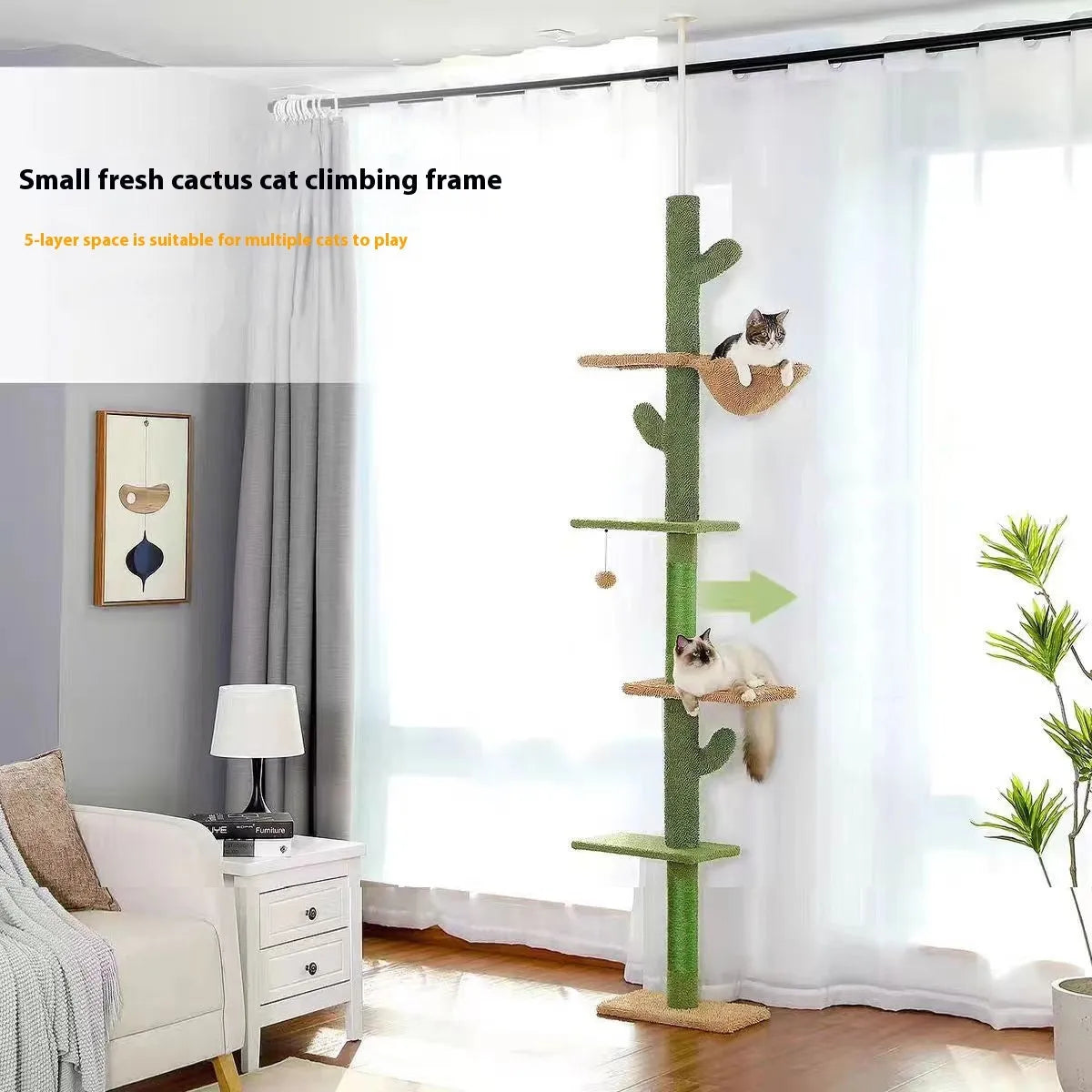 Tall solid wood cat climbing frame with integrated cactus-shaped cat nest, scratch board, and hanging toys.