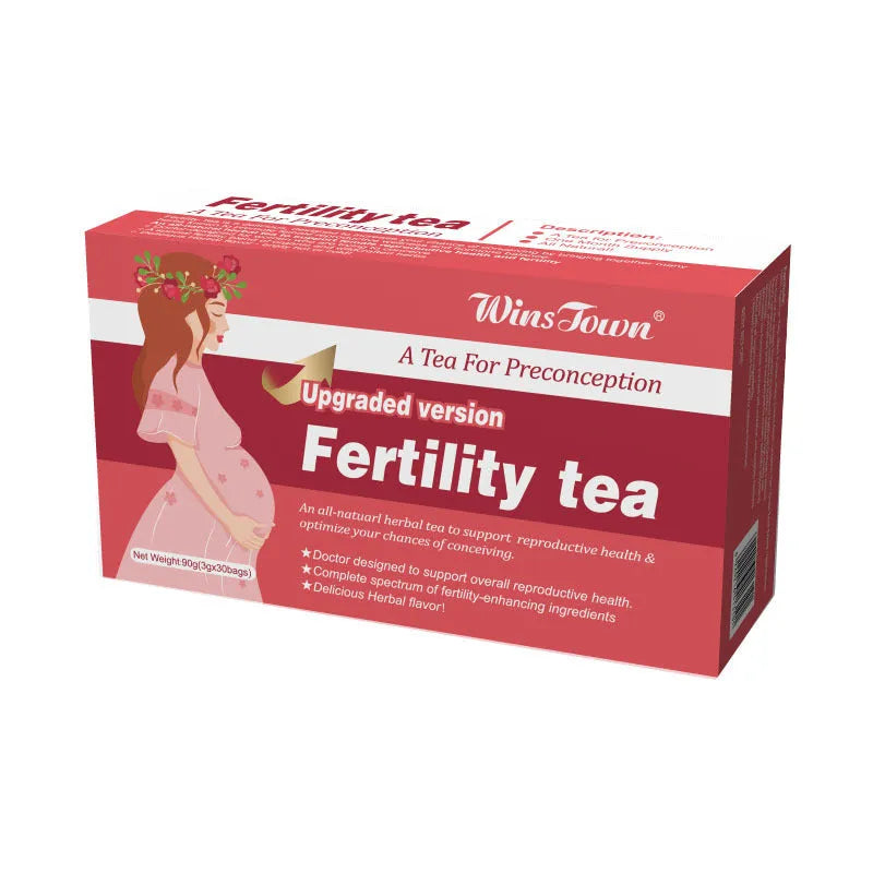 Box of fertility tea showing 3x30 bag packaging with 90 individual tea bags for reproductive health support