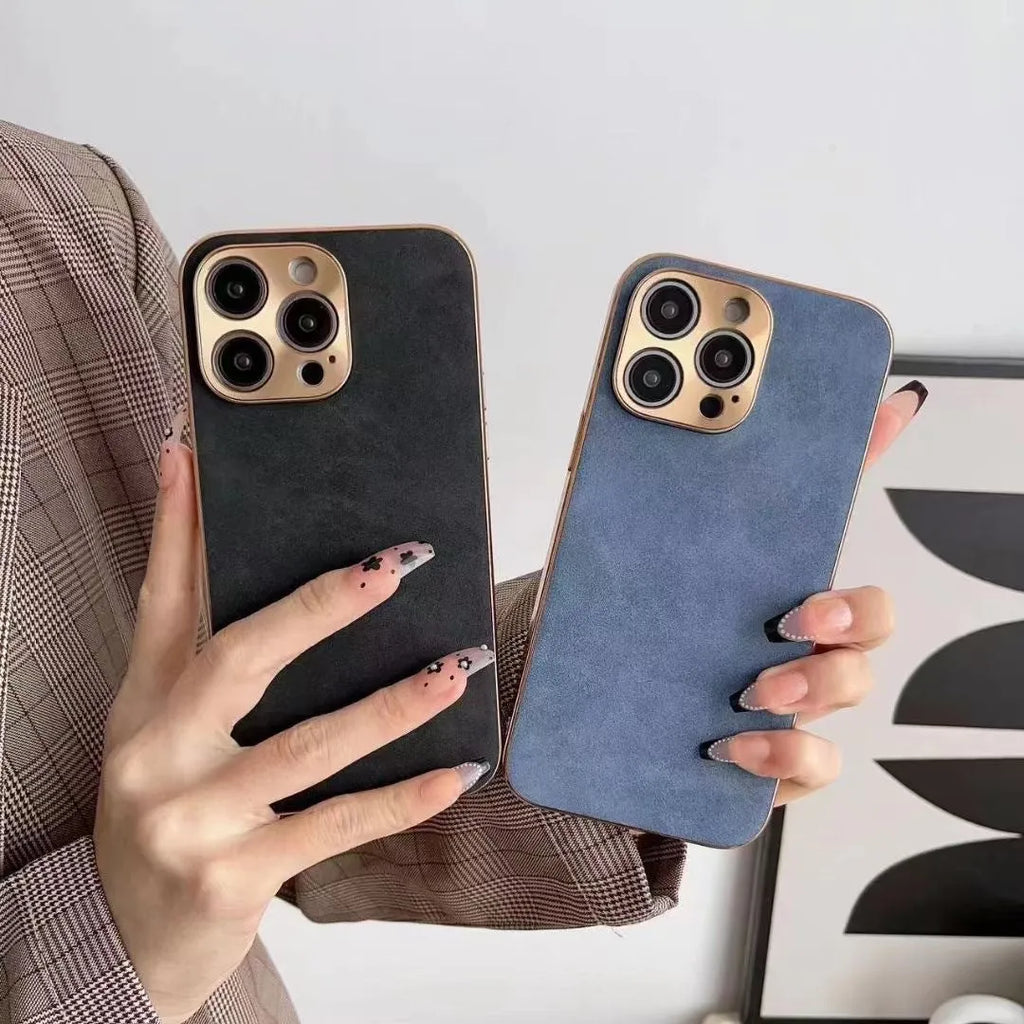 Leather texture TPU phone case for iPhone in black, blue, grey, or grey-green colour options