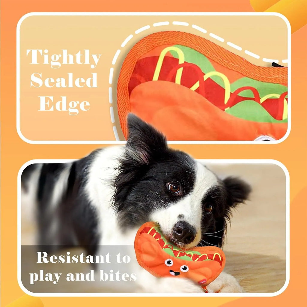 Colourful crinkle and squeaky dog chew toys shaped like a hamburger, fries, a hot dog, and a pizza on a plain background.