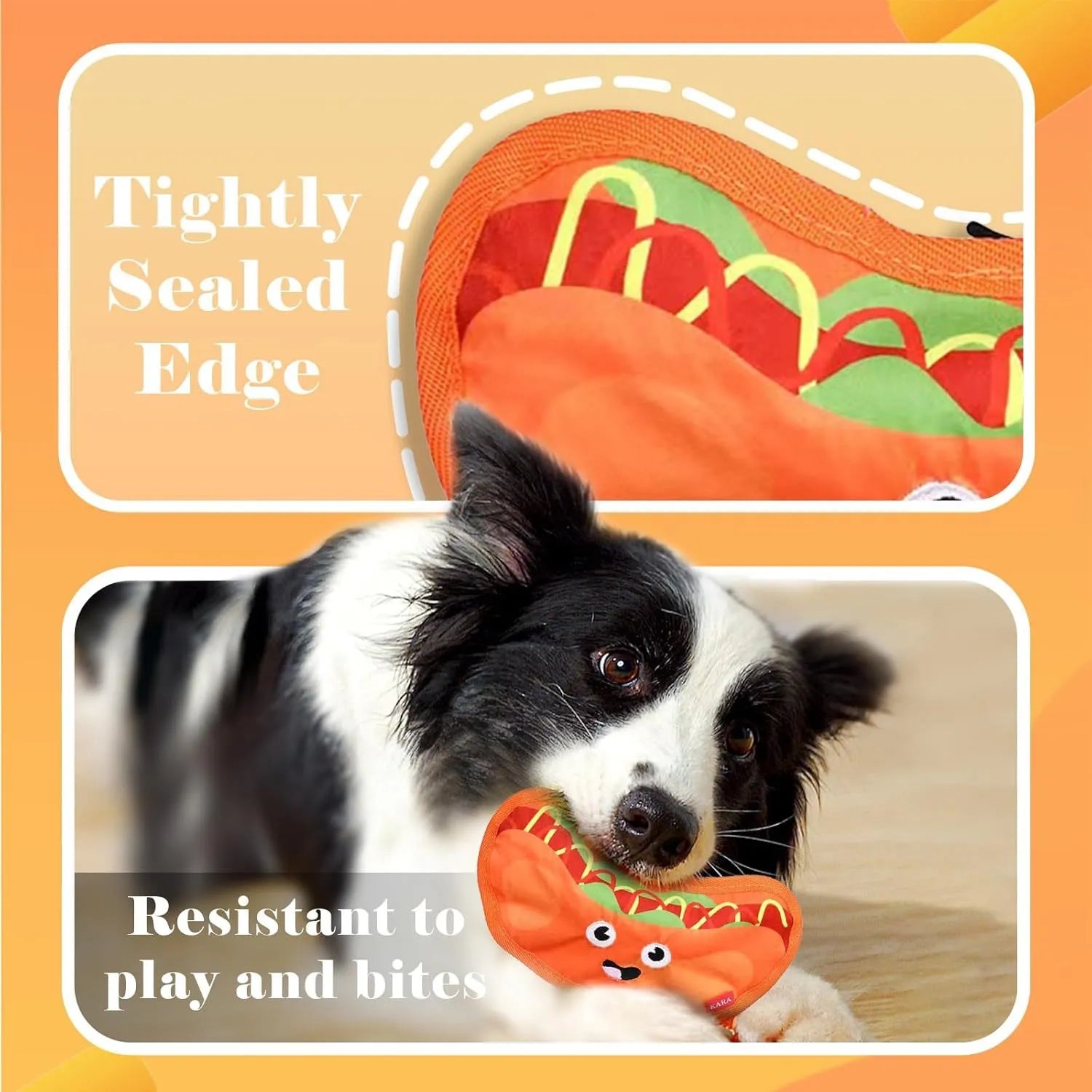Colourful crinkle and squeaky dog chew toys shaped like a hamburger, fries, a hot dog, and a pizza on a plain background.