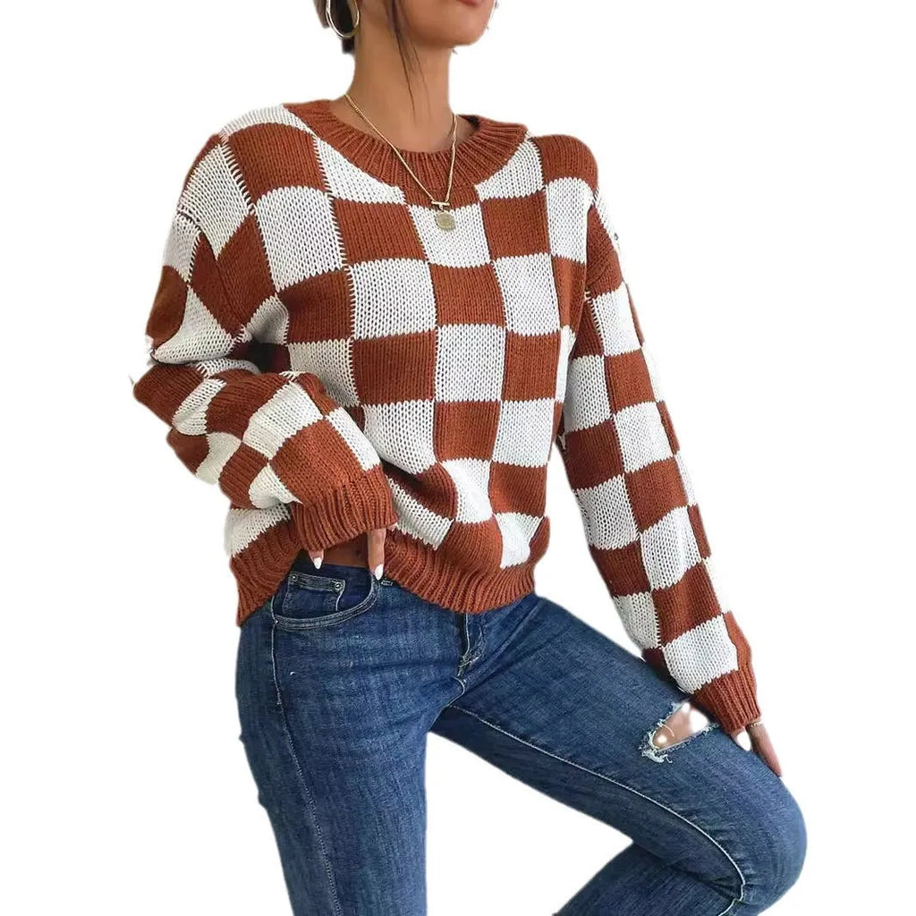 Dark brown plaid acrylic pullover sweater with loose round neck and long sleeves