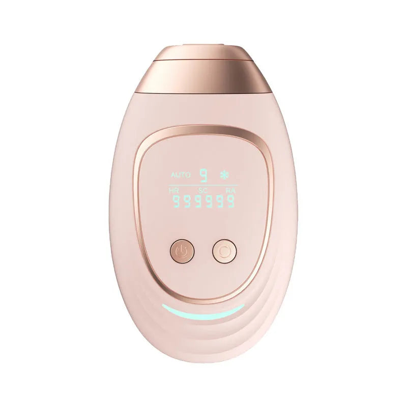 Pink and white three-in-one ice-sensing laser hair removal device with shaver attachment on white background